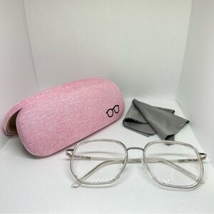 Clear and Silver Tone Frame Blue Light Blocking Optical Glasses with Hard Case